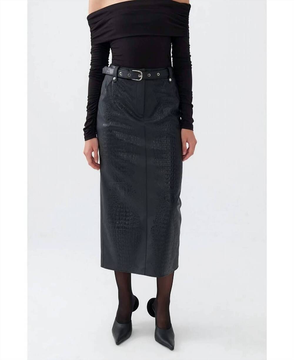 NEW NOCTURNE faux leather midi skirt with belt in black